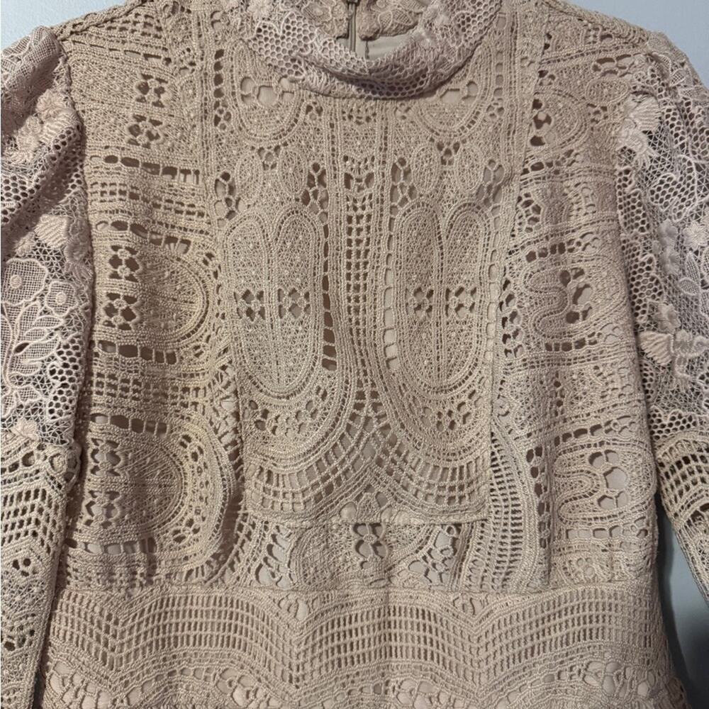 Anna Sui Rare Beige Lace Mock Neck lace overlay long sleeve mini dress size 4 - Picture 3 of 8